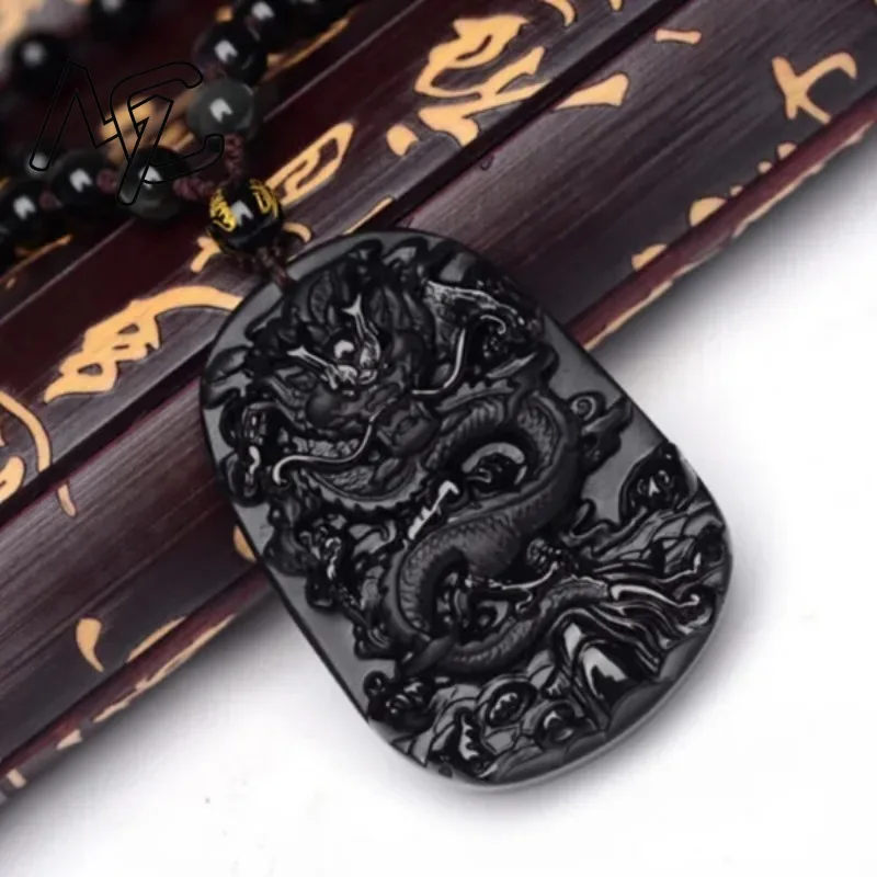 Natural Black Obsidian Dragon Pendant Beads Necklace Charm Jewellery Fashion Accessories Hand-Carved Baby Lucky Amulet Gifts