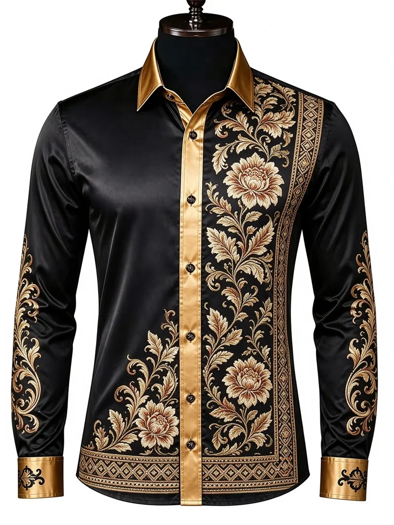 New men's red and black gradient long sleeved shirt with gold Baroque curly grass pattern contrasting collar shirt