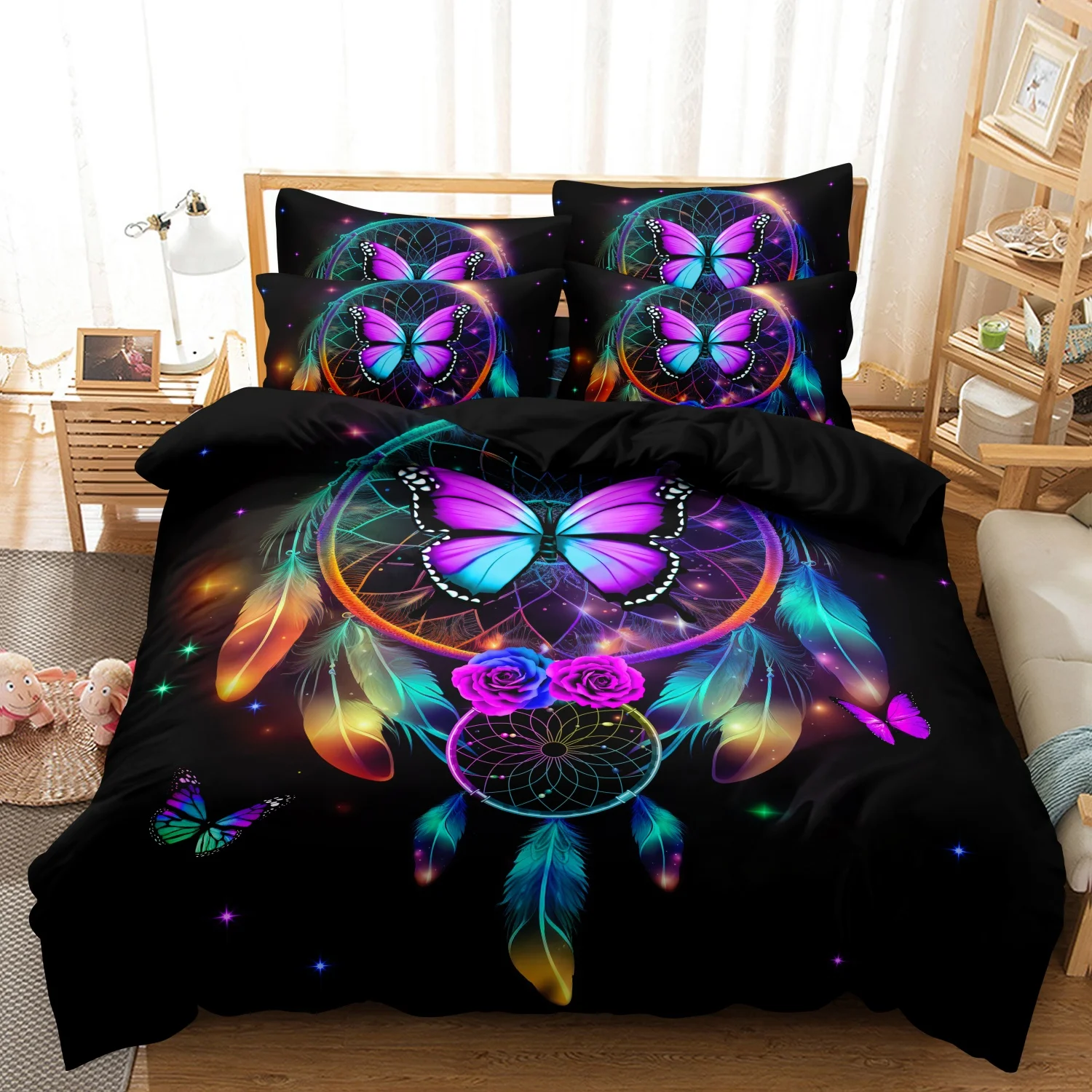 3Pcs Rainbow Dreamcatcher Print Duvet Cover Set, Black Starry Butterfly Colorful Feather Purple Floral Boho Pattern Bedding