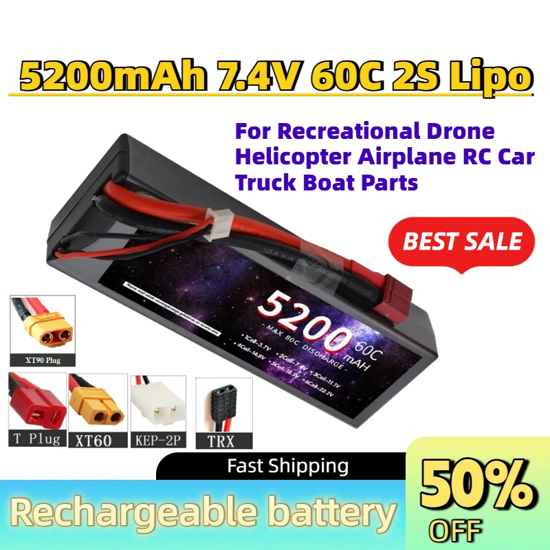 High-Quality 5200mAh 7.4V 60C 2S Lipo Rechargeable Battery For Recreational Drone Helicopter Airplane RC Car Truck Boat Parts