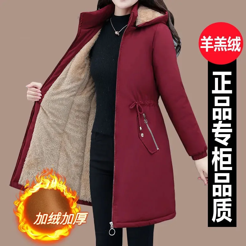 2024 Thick Velvet Warm Parkas Hooded Windproof Winter Jacket Women Cotton-padded Coat Female Wool Liner Overcoat High Quality