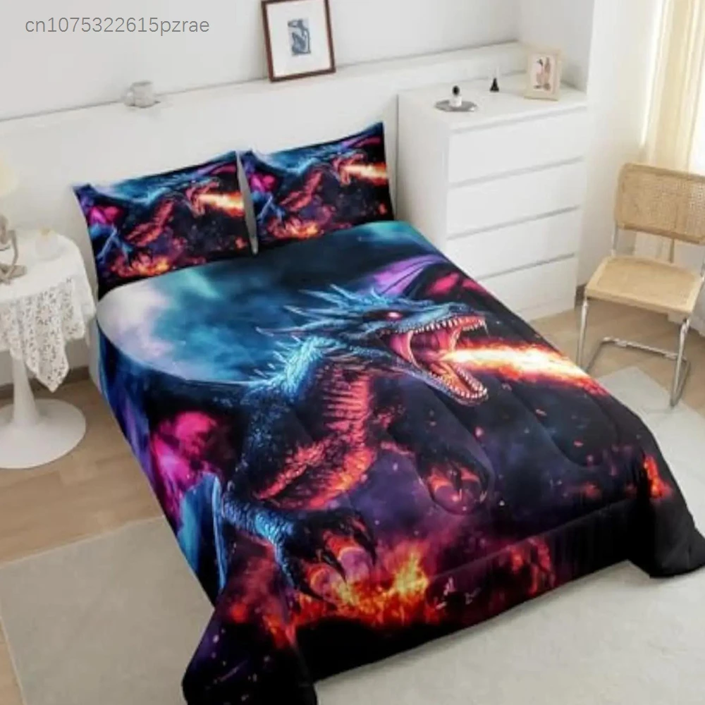 Gothic Fire Dragon Bedding Twin,Magical Ancient Animal Comforter Set For Kids Teens Adults,Teal Dragon Bedding Comforter Sets,