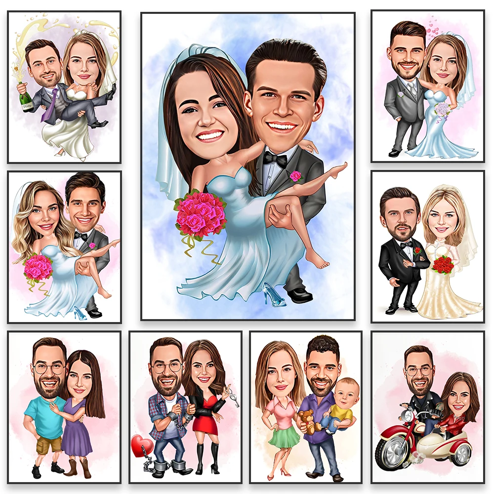 

Custom Lovers Wedding Cartoon Portrait Prints Caricatures Personalize Canvas Painting Print Coupler Valentine's Day Wall Decor