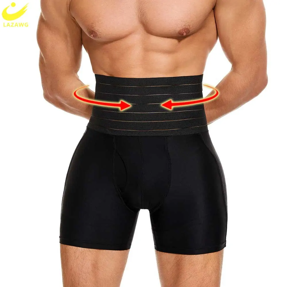 LAZAWG-pantalones cortos moldeadores de cuerpo para hombre, bragas adelgazantes con Control de barriga, entrenador medio, ropa interior de cintura alta, bragas hasta el muslo, moldeador de cuerpo para gimnasio