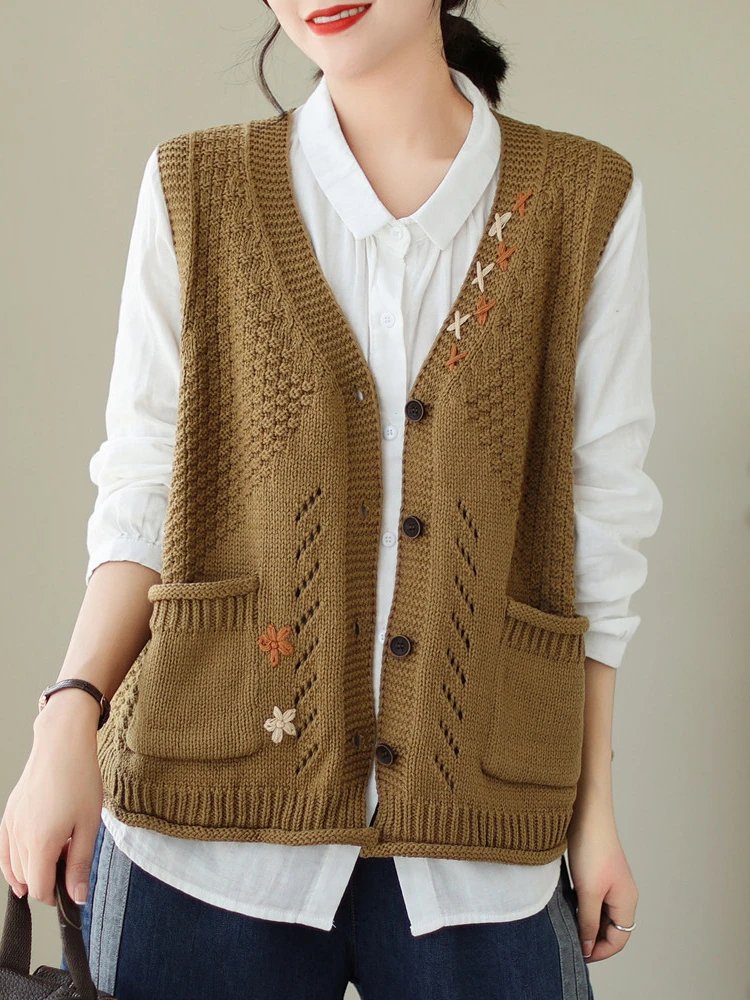 여성용 빈티지 스웨터 조끼, V넥 용수철, 가을 니트 코트, 플로럴 니트웨어, 민소매 아웃웨어, 캐주얼 하라주쿠 데일리 패션