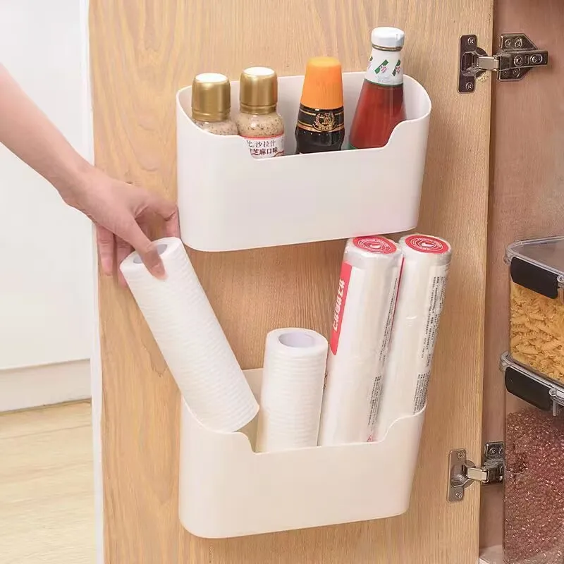 2pcs white kitchen hanging door storage boxes, easy to install, no-drill wall-mounted storage organizers