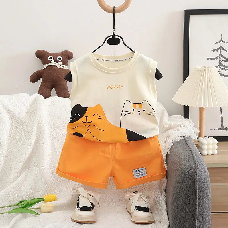 Summer Kids Clothes Suit Children Boys Cartoon Cat Vest T Shirt Shorts 2Pcs/sets Toddler Fashion Clothing Infant Tracksuits