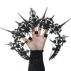 Fatto a mano Gothic Lolita Pearl Sun Virgin Cross Crown Punk Headpiece Black Spiked KC Halo Headband