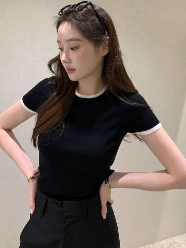 

Chic Summer New Sle Color Blo Thin ort Sve Knitted Top Women's Finied High End Feeling Faionable Top