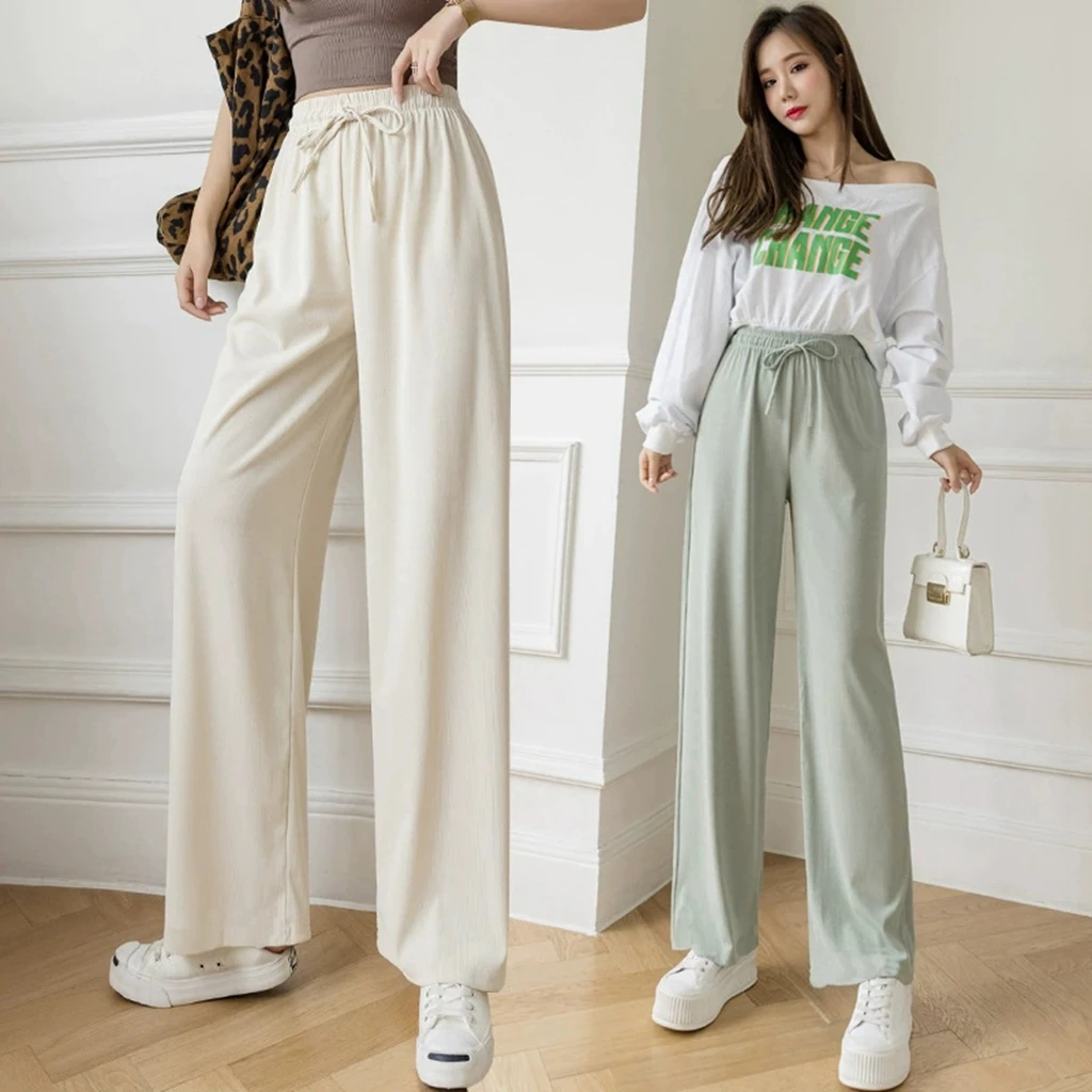 2026 High-Waisted Flared Wide-Leg Pants for Women Thin Summer Ice Silk Pants Stripe Tie-Dye Loose-Fitting Floor-Length Pants