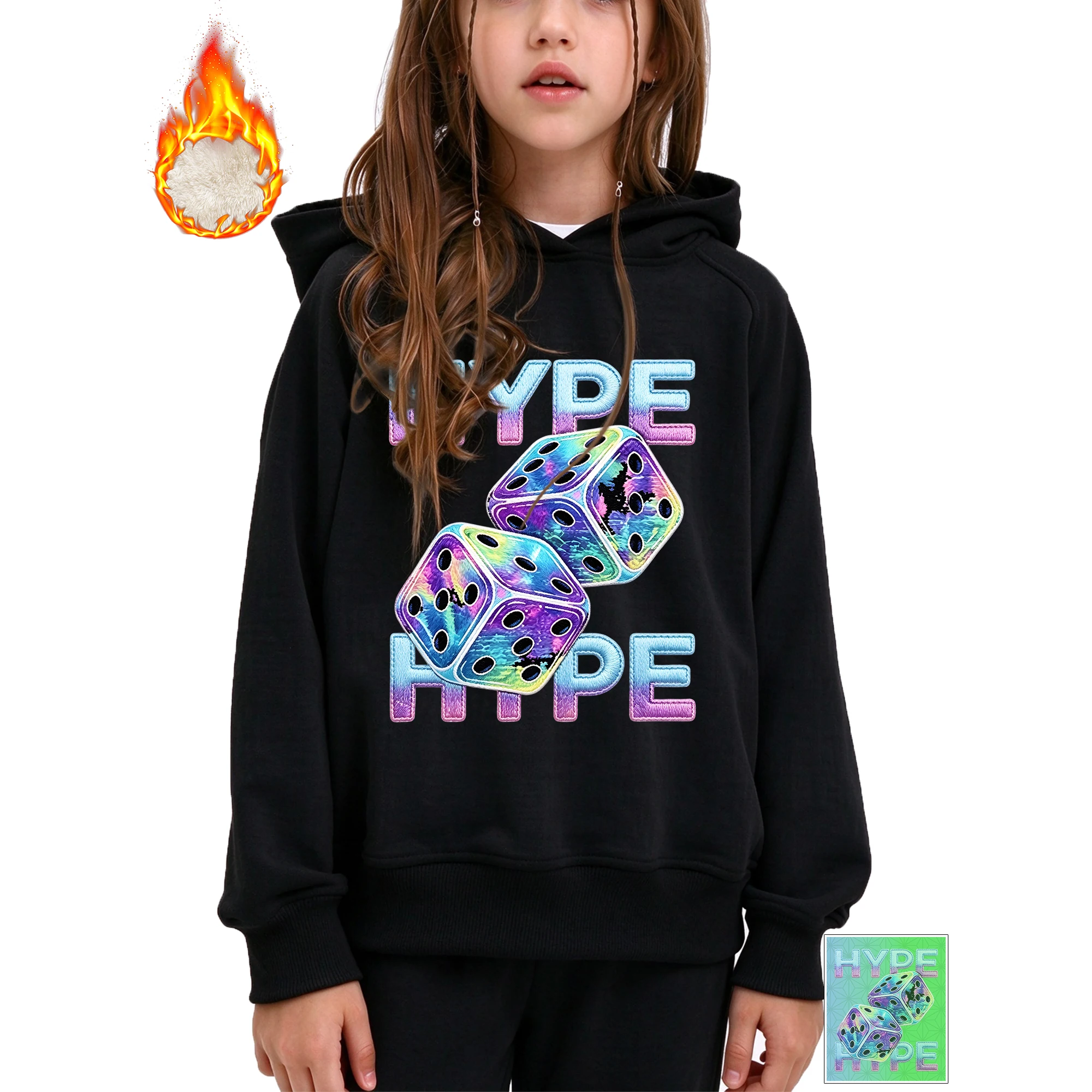 Girls Hoodie Y2K Hype Tie Dye Dice Heat Transfer Printed Casual Hooded Sweatshirt For 3-14Y Kids Streetwear Daily Wear