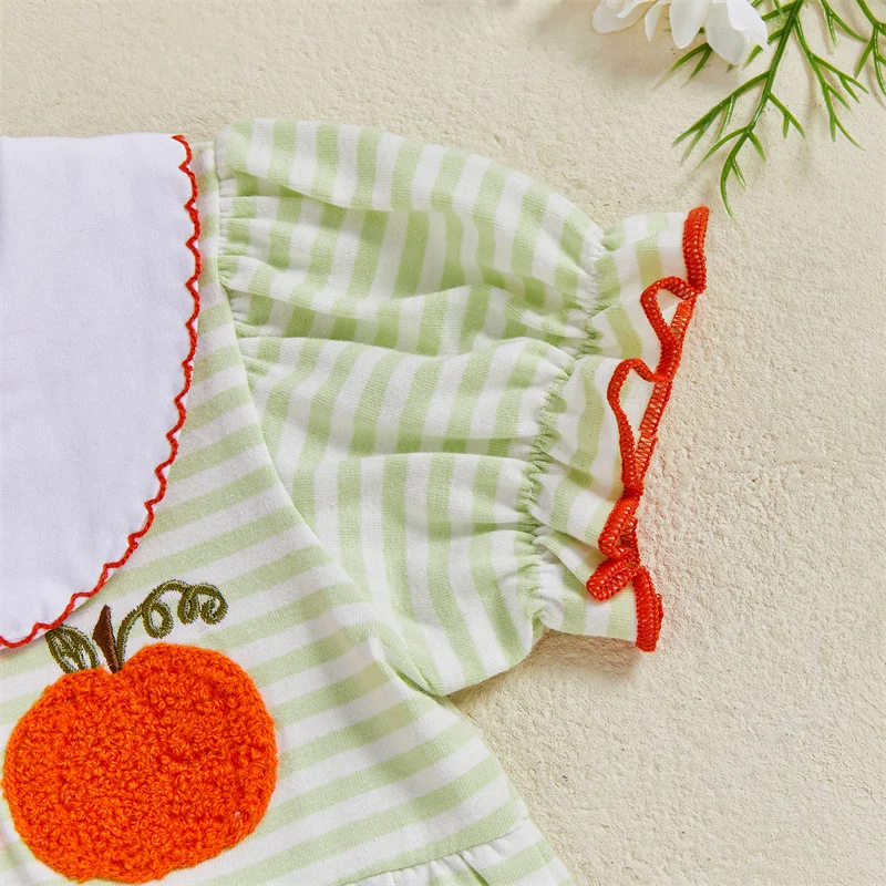 

Cathery Kids Baby Girls Striped Halloween Rompers Pumpkin Embroidered Doll Collar Short Sleeve Bodysuit Cute Infant Clothes 2025