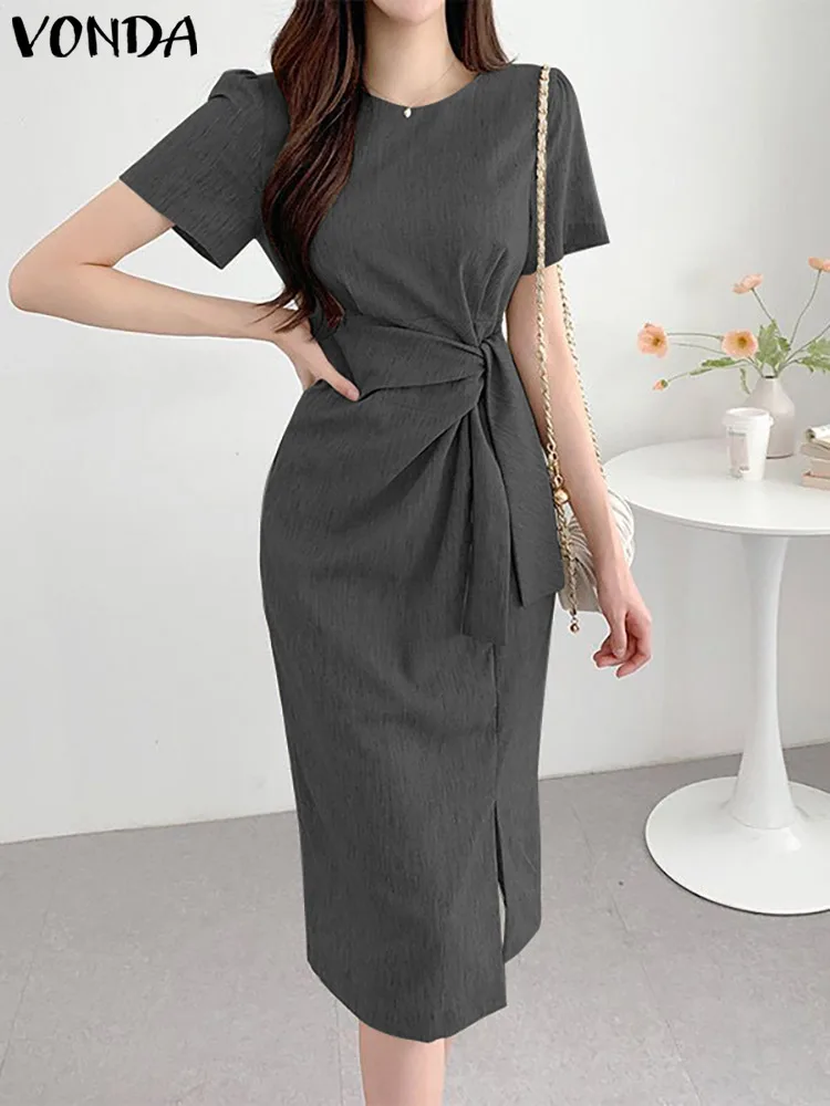 Women Elegant Short Sleeve Dress 2023 VONDA Fashion Solid Color Midi Dress Femininas Vestidos Vintage Office Dresses Oversized