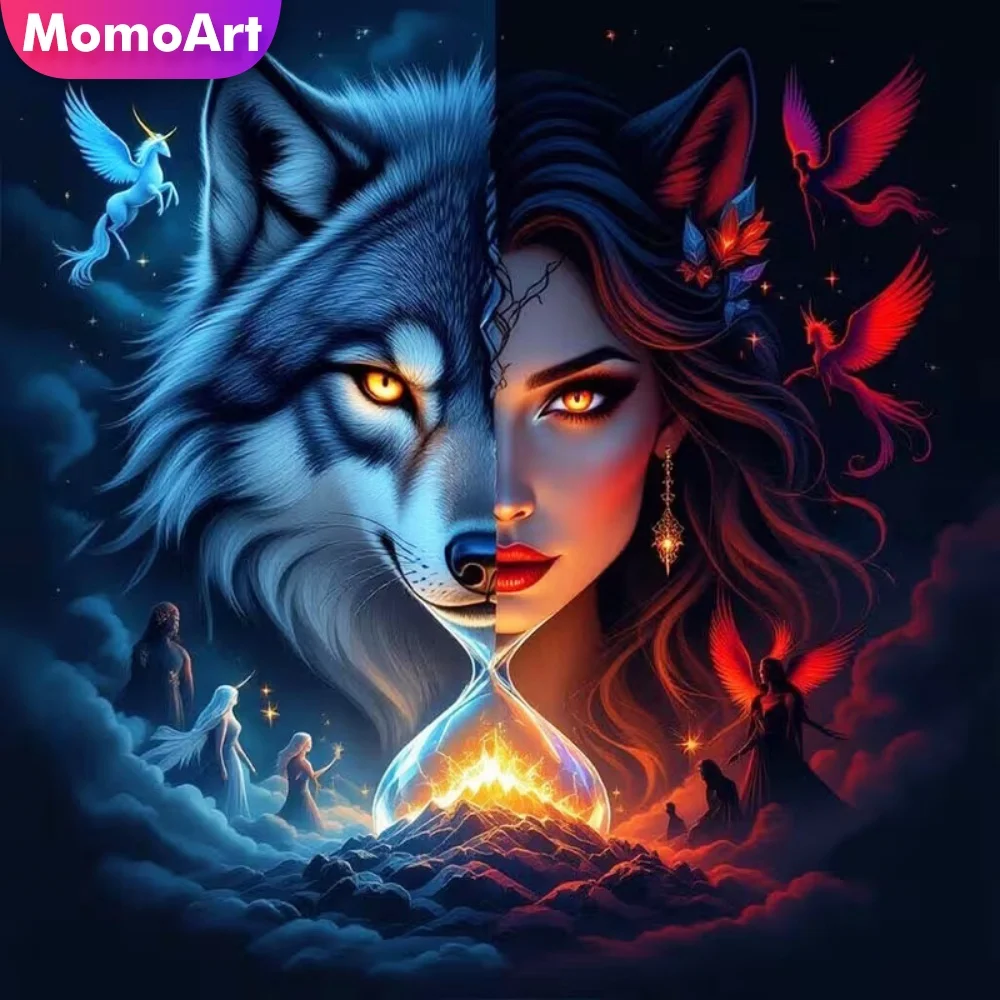 Momoart Diamant-Mosaik Wolf Tier 5D DIY Kreuzstich-Set Diamantmalerei Frauenporträt-Kits Neue Kollektion Handgemachtes Geschenk