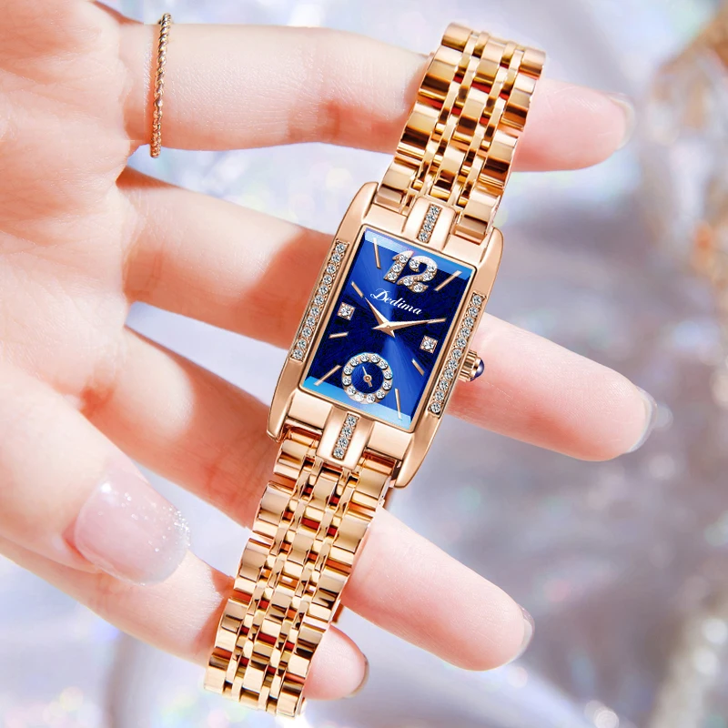 

Casual Fashion Square Ladies Diamond Double Date Multifunctional Waterproof Steel Strap Watch Butterfly Buckle
