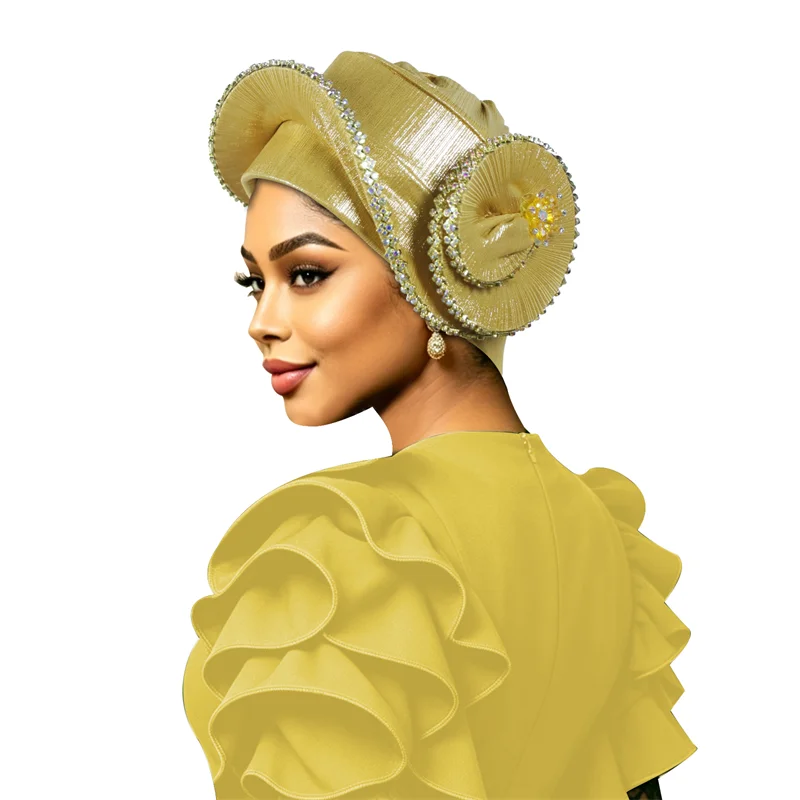 Crystal Trim Auto Gele African Head Wrap Shiny Satin Nigerian Turban Ladies Eid Wedding Formal Occasion Islamic Head Wrap Cover