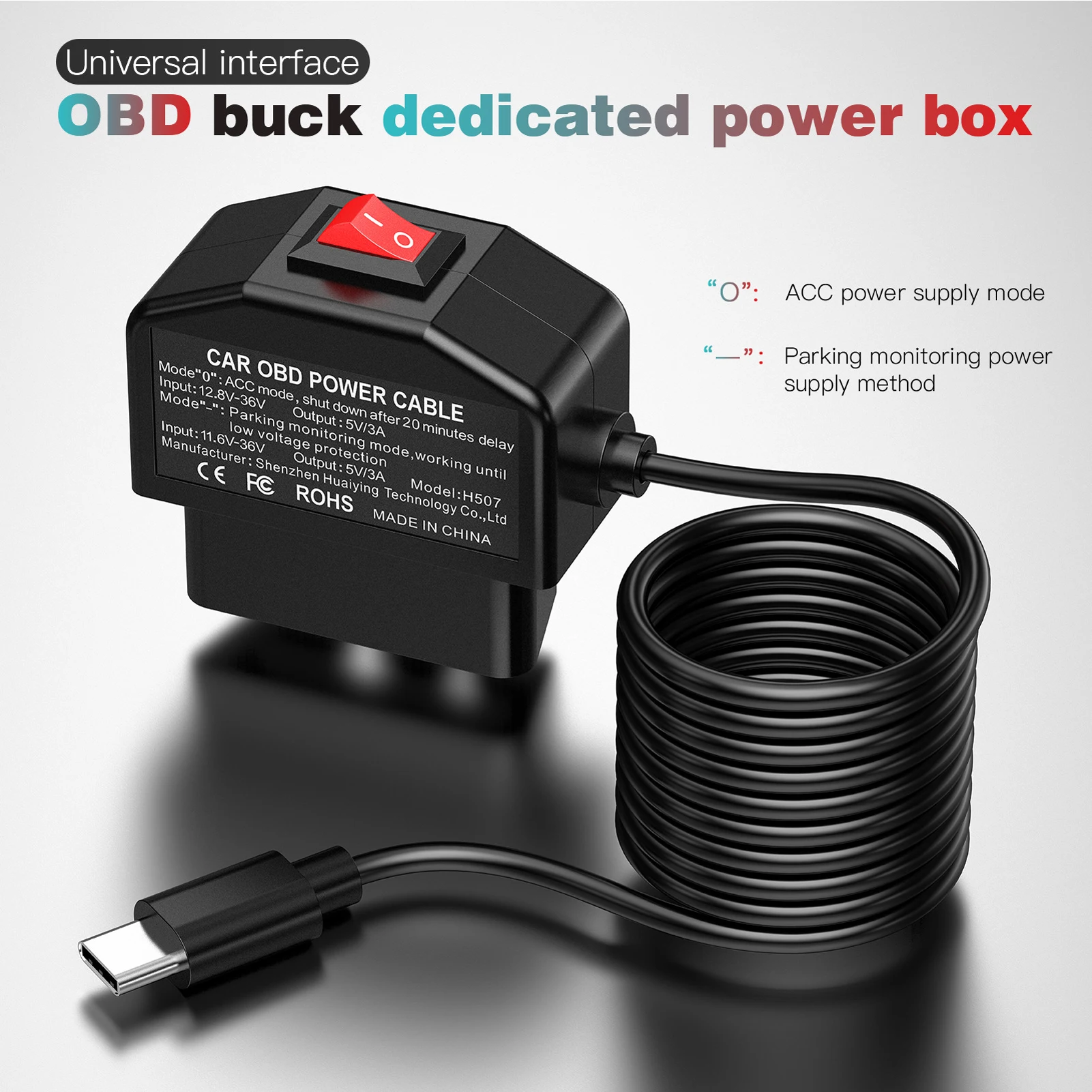 OBD To Type C Charger Power Cable For Dash Camera Car DVR 24h Parking Car Accessories 15W Battery Protection