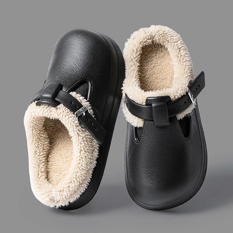Unisex Winter Slippers Pebbled Texture Fleece Lined Clogs Slip On Thick Sole Adjustable Buckle Couples Warm Shoes