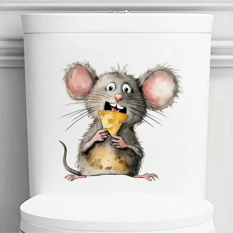 Mouse Eating Cheese Toilet Lid Stickers, Used for Home, Cabinet, Door,Refrigerator, Car Decoration, Vinyl Decals, Art Wallpaper