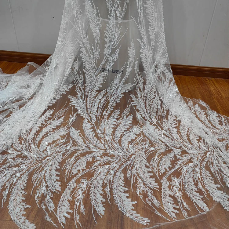 Classic Long Branches Silver Beads Sequins Lace Fabrics for Wedding Dresses