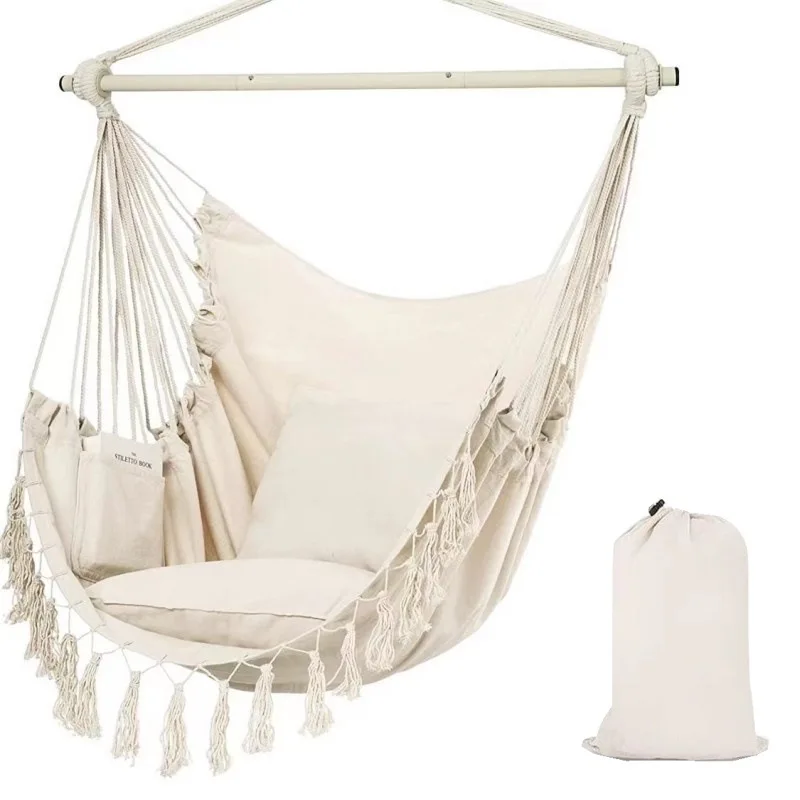 Macrame Hanging Chair with 2 Pillows | 500lb Capacity Cotton Rope Swing | Pocket Design Indoor/Outdoor Use