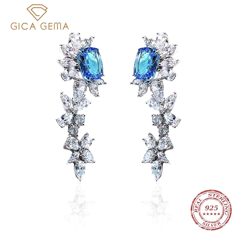 Gica Gema 925 Sterling Silver Earrings Oval Blue Stone Flower Petals Tassel Feminine Temperament Sparkling Wedding Jewelry Gift