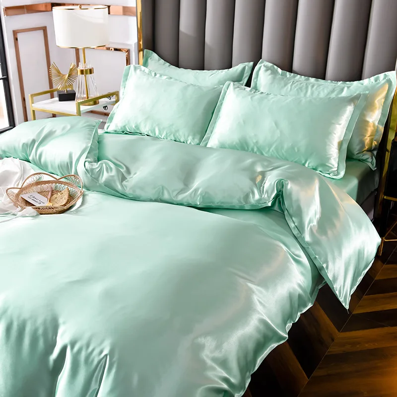 

Summer New Solid Rayon Silk Bedding Set Satin Ice Silk Skin Friendly Lightweight Quilt Set Adult Bedclothes for Home Dormitory