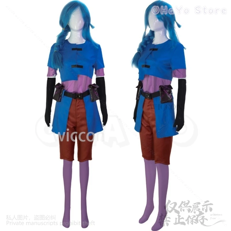 Anime Game LOL Arcane Powder Cosplay Jinx Junior Childhood Costume Uniform Coat Pants Blue Wigs Headwear For Girls Customized