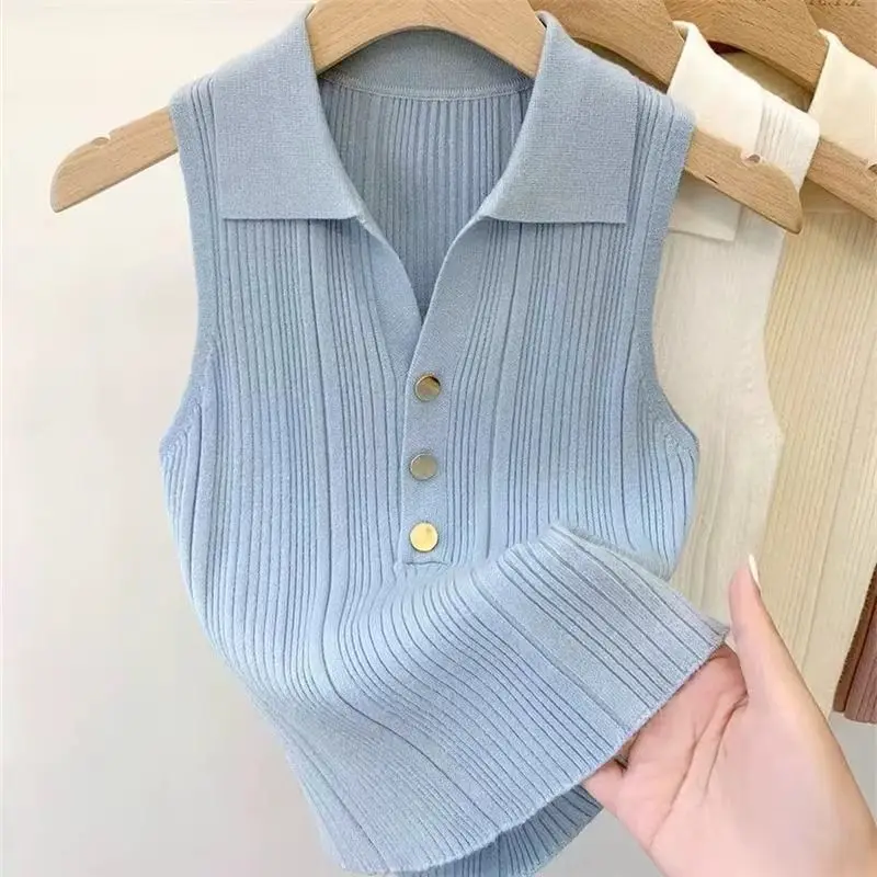 

Summer Office Lady Simplicity Turn-down Collar Sleeveless Pullovers Women Clothes Slim Solid Color Polo-Neck Knitting Top Tee