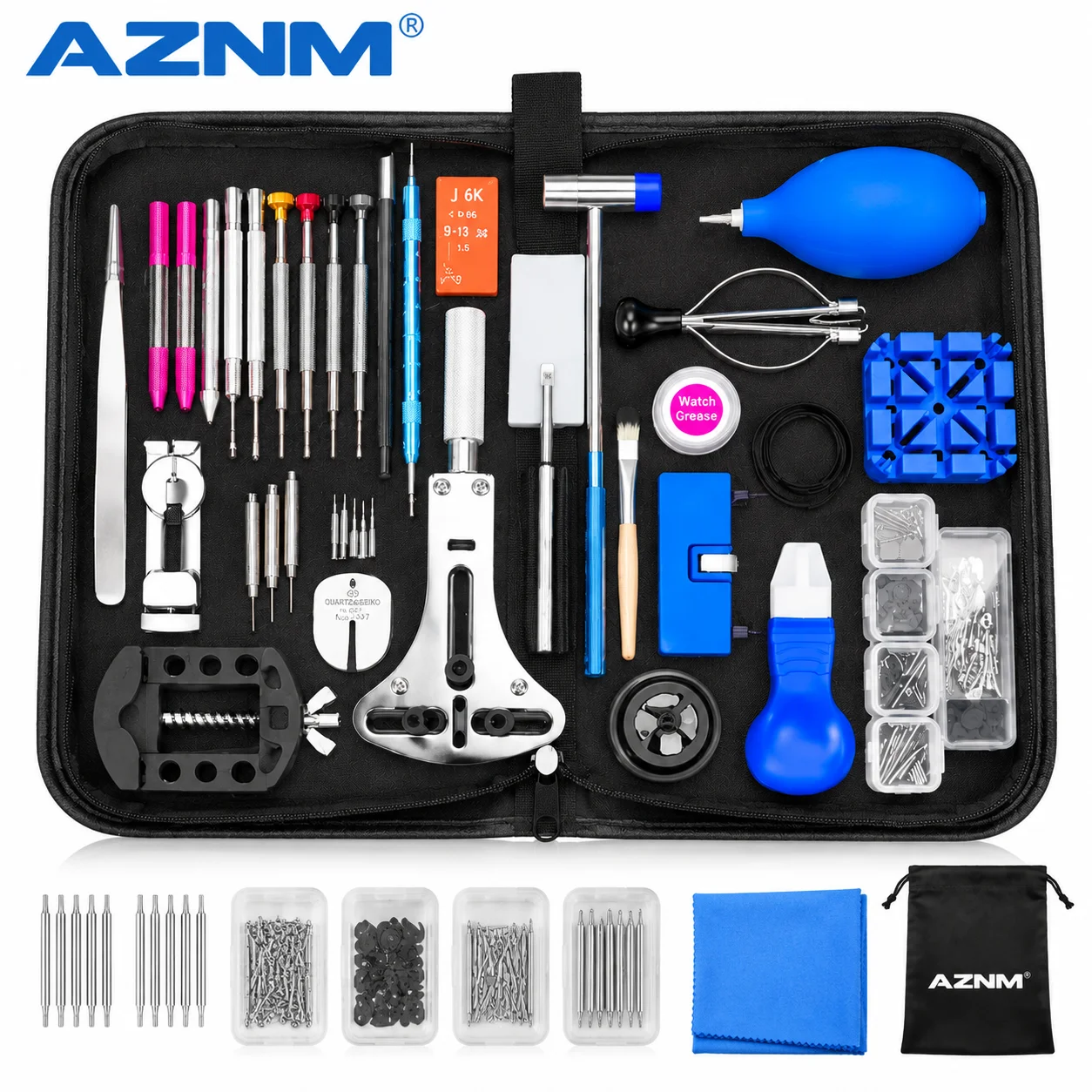 Kit d'outils de réparation de montres, comprenant un ouvre-boîtier, un outil pour retirer les bracelets et les couvercles, des épingles à ressort, de l'huile, une pince à levier et un support pour outils, idéal pour les horlogers.