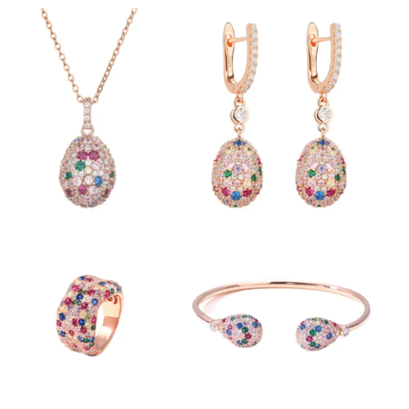 

Bellux rose gold colorful gemstone oval S925 pure silver necklace earrings bracelet ring Fine jewelry set