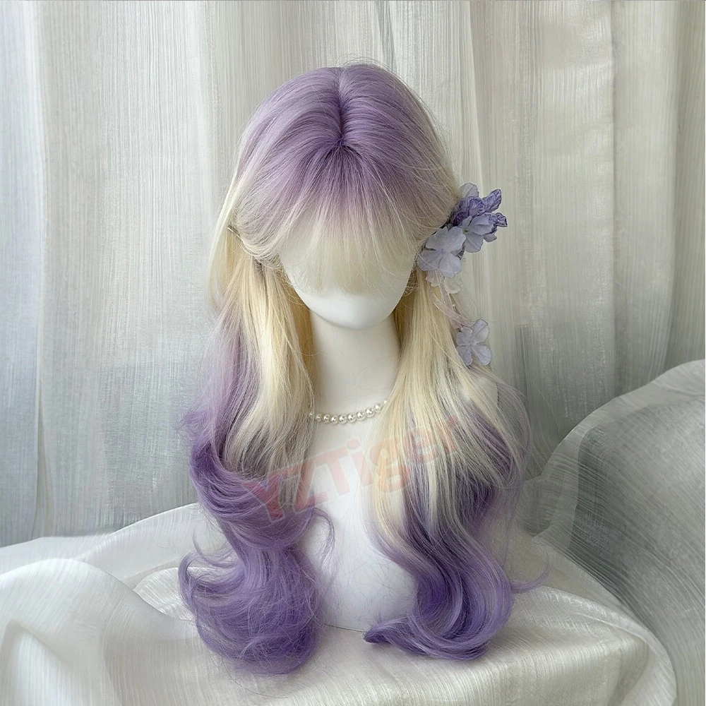 Ombre Purple Blonde Wavy Wig with Bangs Synthetic Cosplay Wig for Women Party Halloween Lolita Daily Wear Heat Resistant Hair