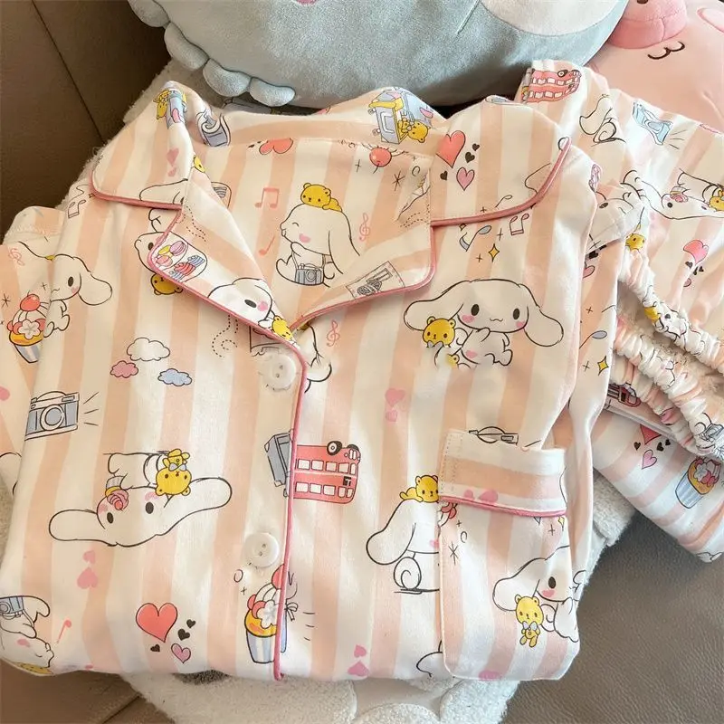

Anime Sanrios Hello Kittys Long Short Pajamas Kawaii Kuromi Cartoon Loose Sleepwear Set Spring Summer Cinnamoroll Home Wear Gift