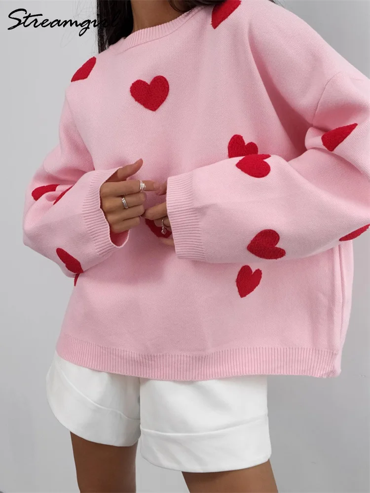 Streamgirl Heart Embroidery Christmas Sweater Women Oversize Pink Thick Knitwear Pullover Jumper Spring Women\'s Sweaters Elegant