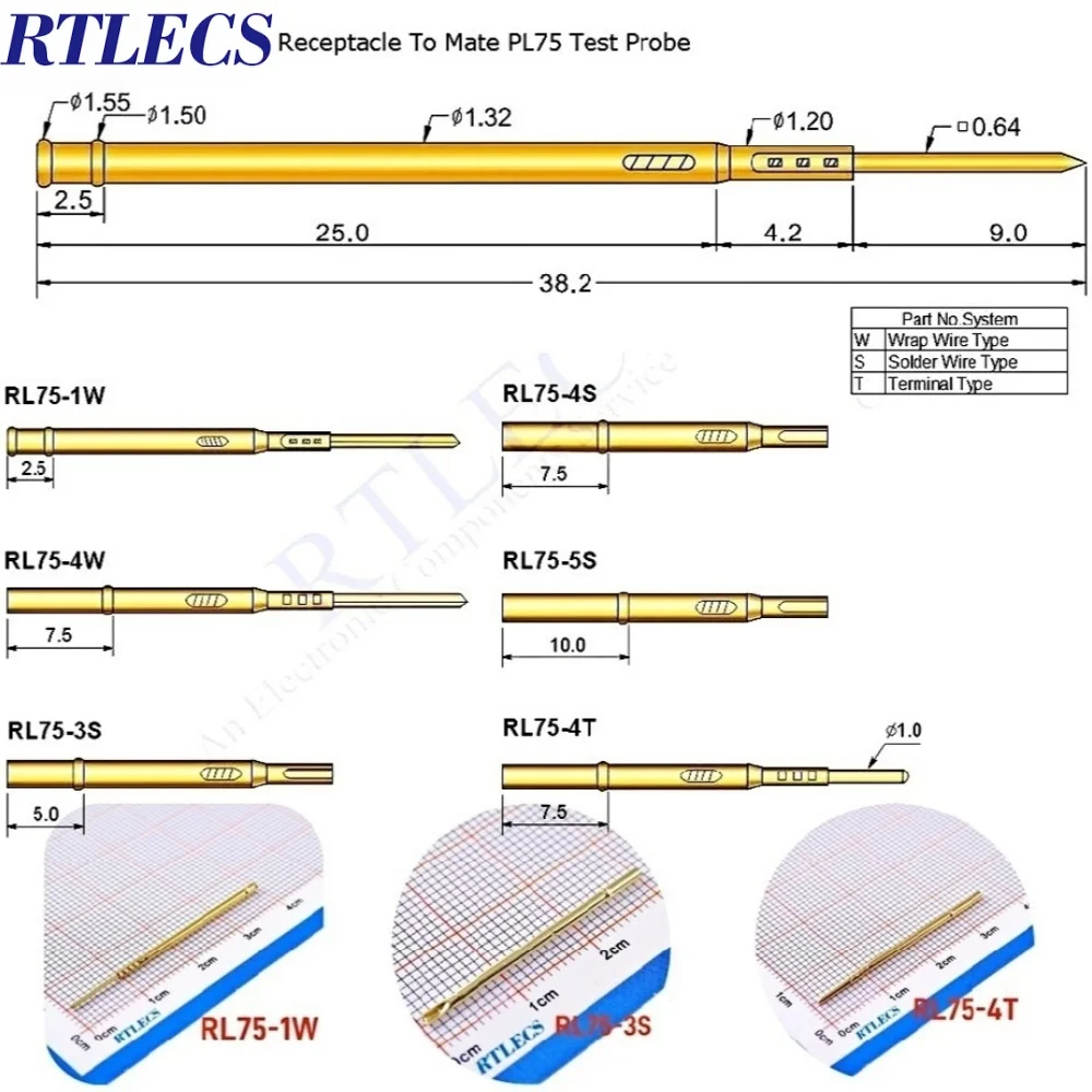 100Pcs Receptacle RL75-1W RL75-4W RL75-2S RL75-3S RL75-4S RL75-4 Connector Socket For Spring Test Probe PL75 Bare PCB Dia 1.32mm