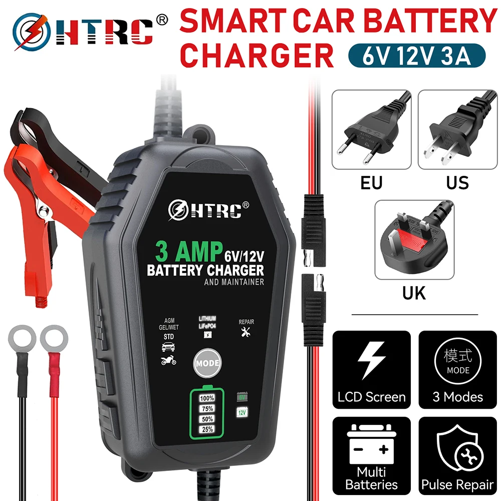 HTRC Car Battery Charger 6V 12V 3A Pulse Repair Smart Fully Automatic for Motorcycle