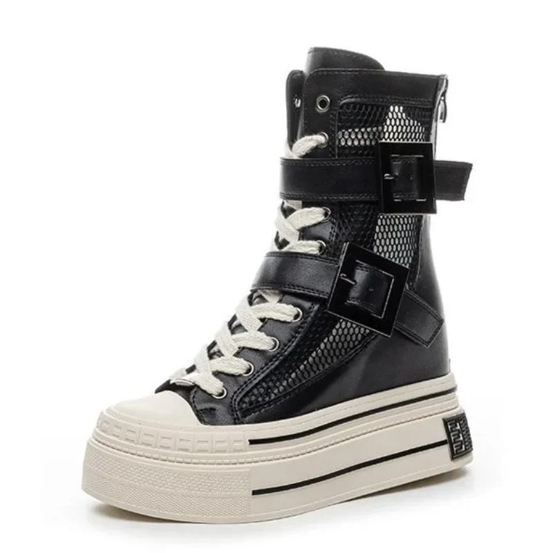12CM charol hueco verano transpirable hebilla cuña plataforma cuña ZIP sandalias de moda Casual hasta la rodilla botines zapatos