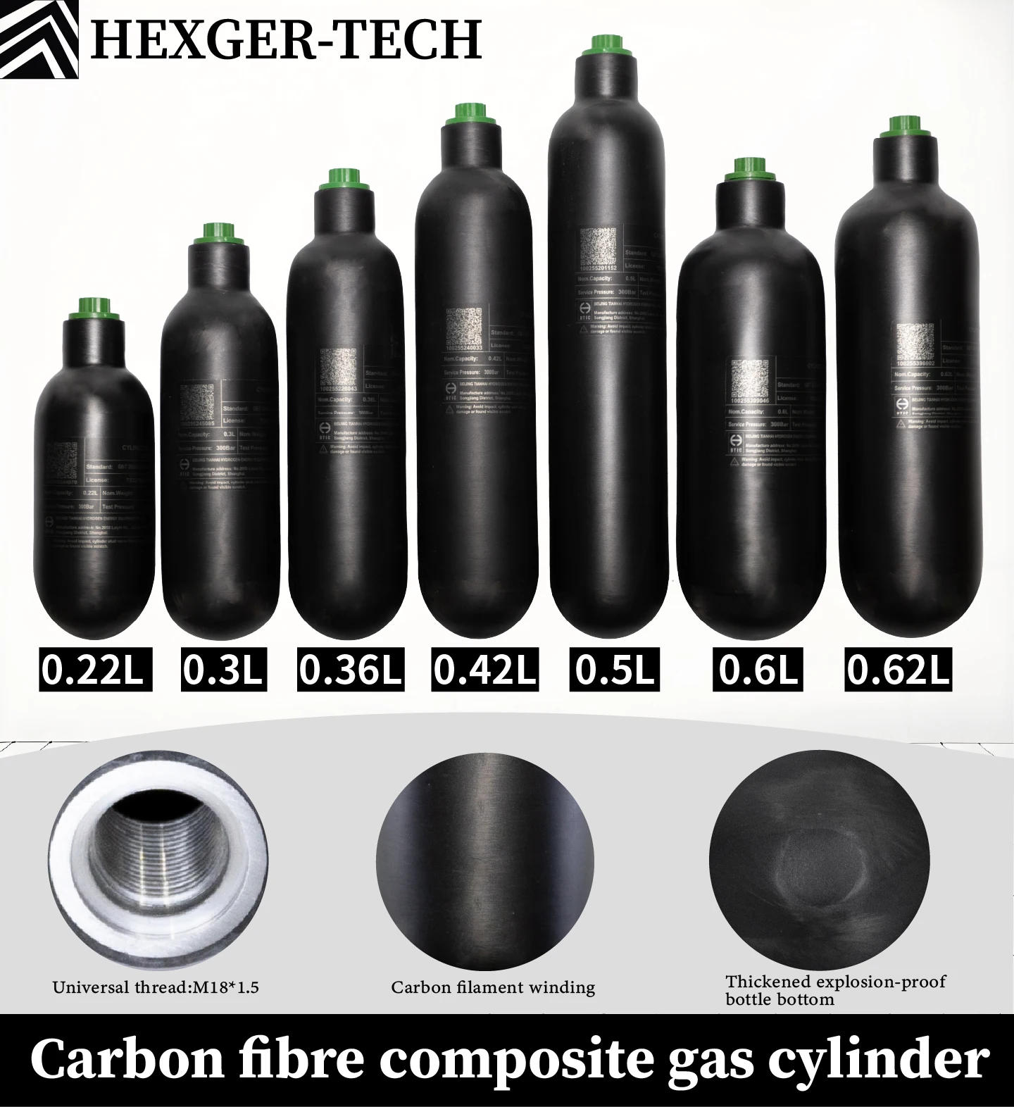 4500PSI 300BAR 0.22L,0.3L,0.36L,0.42L,0.5L  Carbon Fiber Cylinder Scuba Diving Cylinder HPA Bottle High Pressure Tank M18*1.5