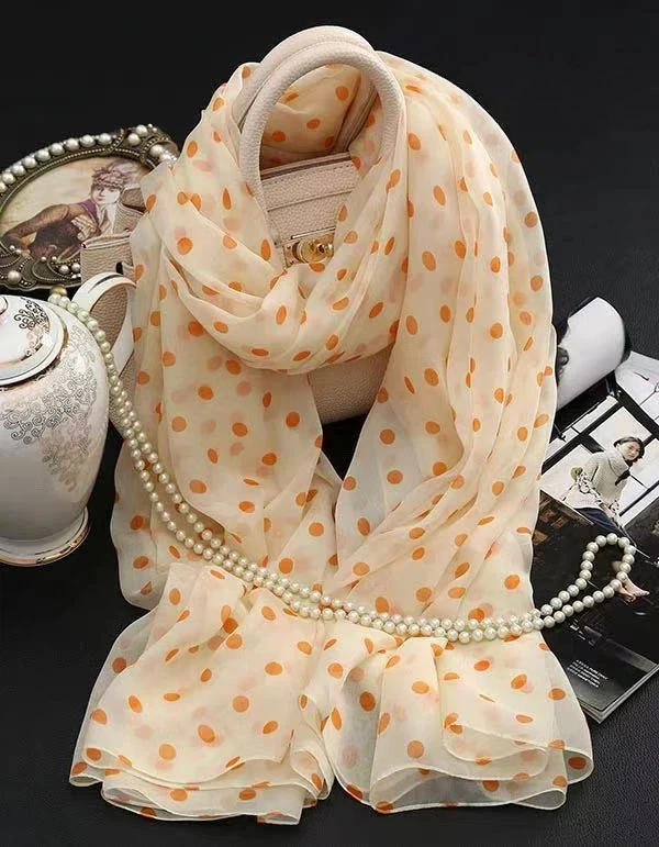 2026年-女性用-水玉模様-シルクスカーフ-ロングショール-ラップ-クリームオレンジ-ドットプリント-100-シルクスカーフ-シルクビーチカバーアップスカーフ