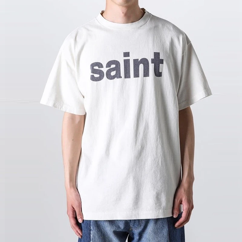 24SS Classic Letters Logo Print Saint T Shirt Men Women Heavy Fabric Cotton Oversized Short Sleeve Tee Top Cement White T-Shirt