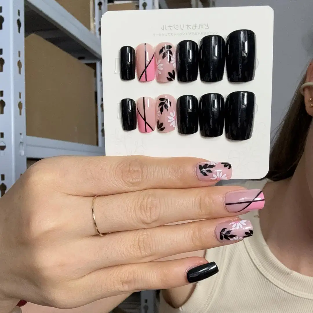 24pcs/box Medium Long Press on Nails Art Removable Easy-to-Apply False Nail Sweet Cool Edgy Girl's Glossy Black Floral Nail Art