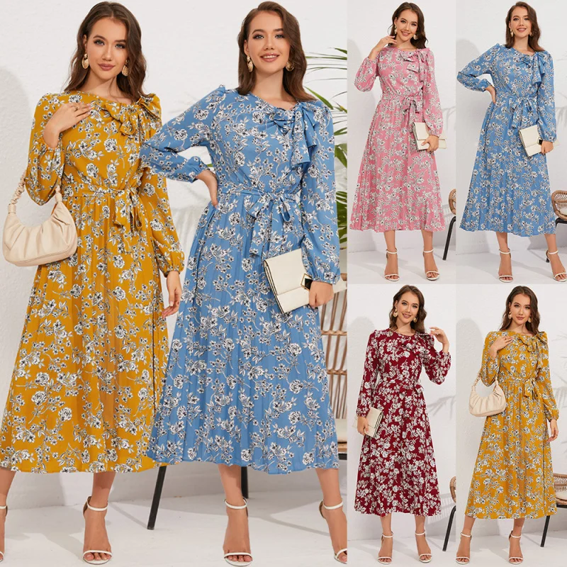 

New Fall Women's Clothing Mid-Length Pleated Long Sleeve Floral Dress Vintage Bow Dress