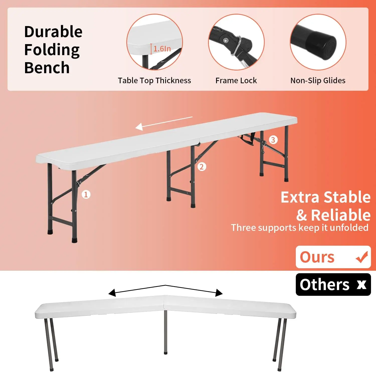 3-Piece Picnic Table Bench Set 6FT Camping  Folding  Plastic   with Two Benches Carrying Handles