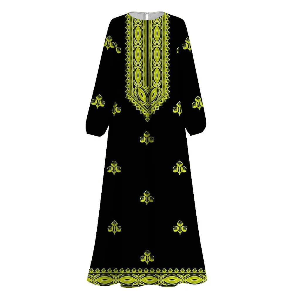 2024 Demure Muslim Women\'s Print Abayas Ramadan Ethnic Clothing Female Islam Abaya Round Neck Dubai Turkey Robe African Dresses