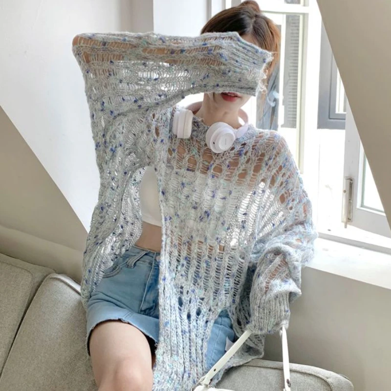 Pullovers Women Baggy Side-slit Casual Hollow Out Sun-proof Streeetwear Fashion Chic Harajuku All-match Korean Style Knitting