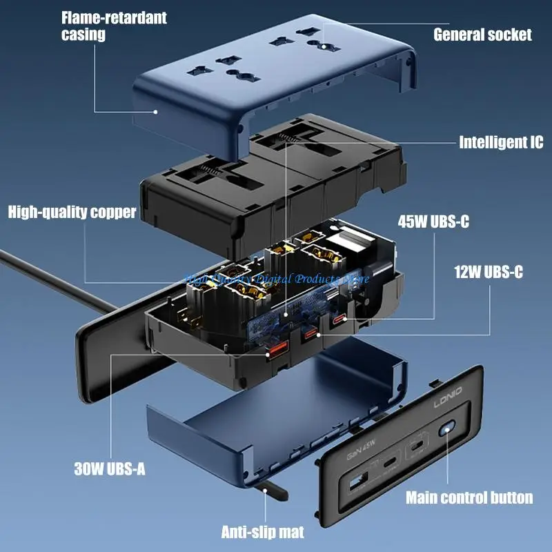 U2JE 5-Port Extension Socket 2AC 3USB Port PD45W Fast For Notebook Tablets