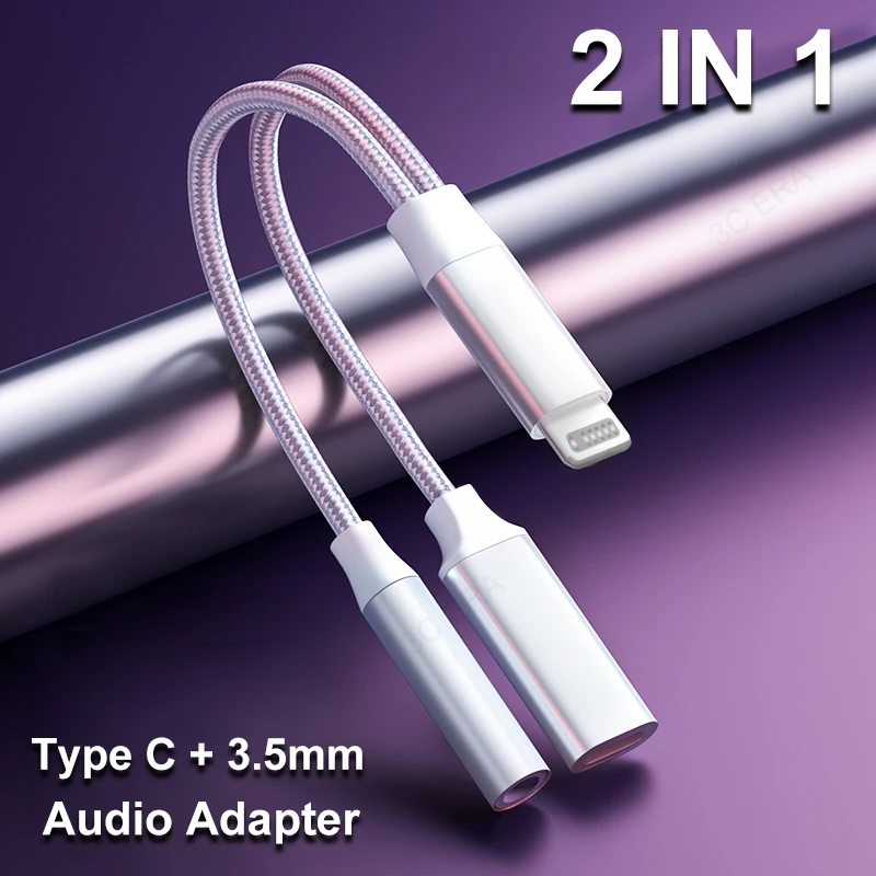 2 IN1 3.5mm Jack Headphones Audio adapter For iPhone 14 13 12 11 XR Plus Pro Max Mini USB Type C Fast Charger Adapter