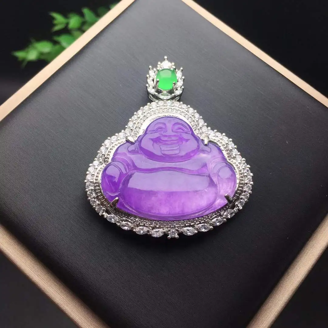 Ice Violet Incrustados Buda Natural Jadeite Mão-esculpida Jade Exquisite Refinado Pingente Colar Cadeia Fine Jewelry