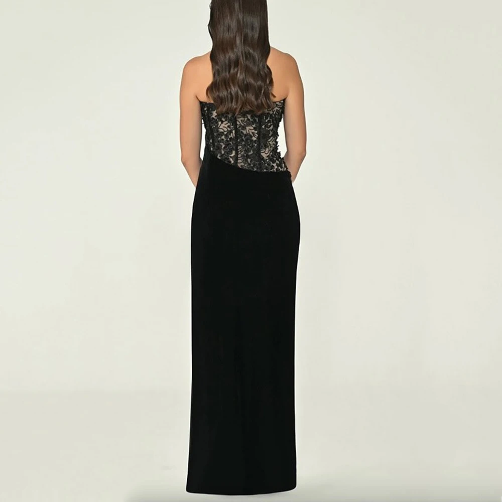 

Customized Straight Evening Dresses Floor-length Strapless Sleeveless Prom Gown Simple Fashion Lace Pleat Backless Party Gown