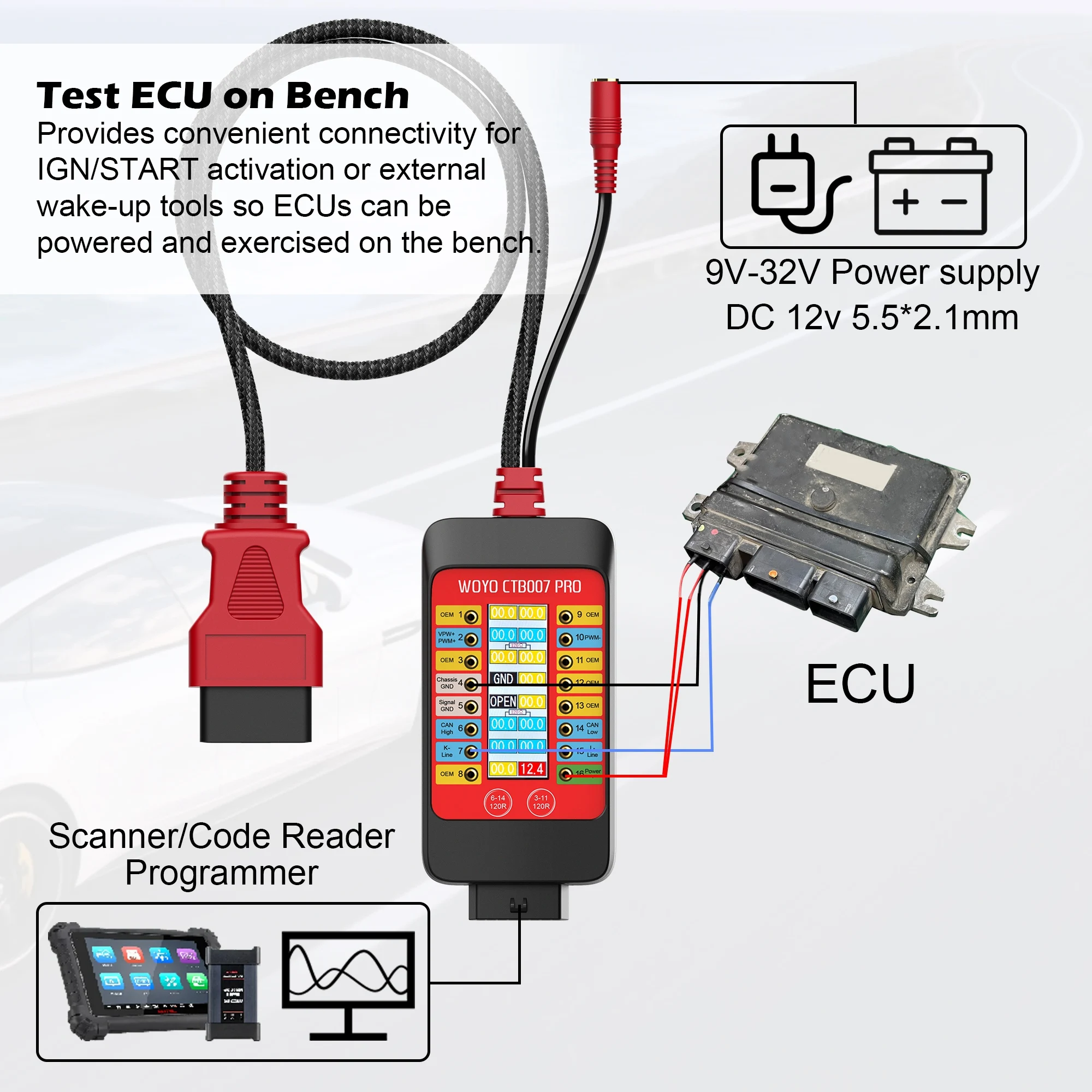 LCD ECU 테스트 도구가 포함된 브레이크아웃 박스, 벤치 자동차 진단 도구 WOYO CTB007 PRO OBD2 디지털 Vrms 디스플레이 CAN 테스트
